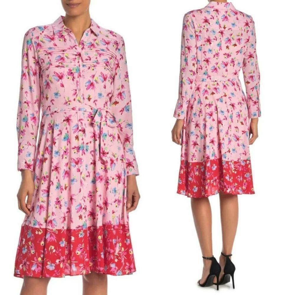 NWT Nanette Lepore Floral Multiprint Button Up Collated Shirt Midi Dress